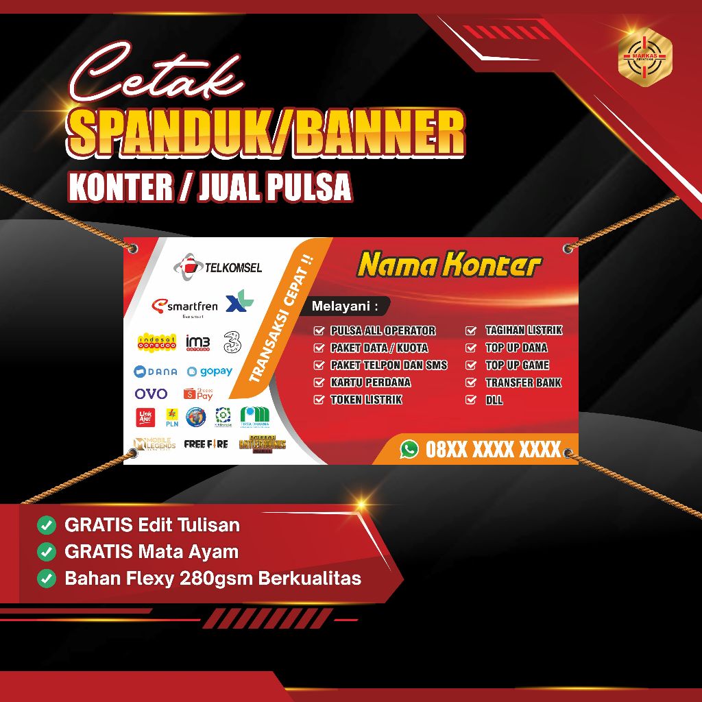Cetak Spanduk Pulsa PPOB Top Up E-Wallet Bisa Custom Nama Konter