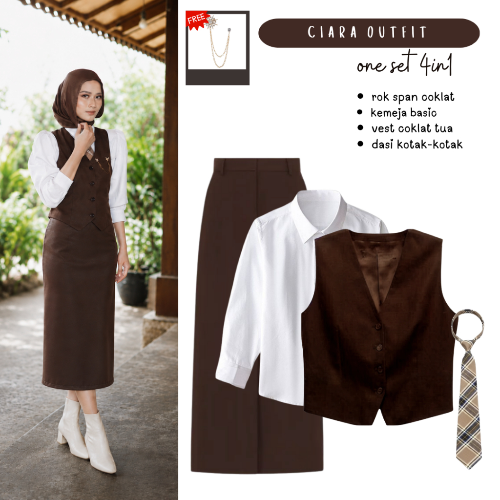 Setelan Outfit Dark Academia | Kemeja, Vest, Rok Span, Dasi | Set Yearbook Vintage Aesthetic - FC117