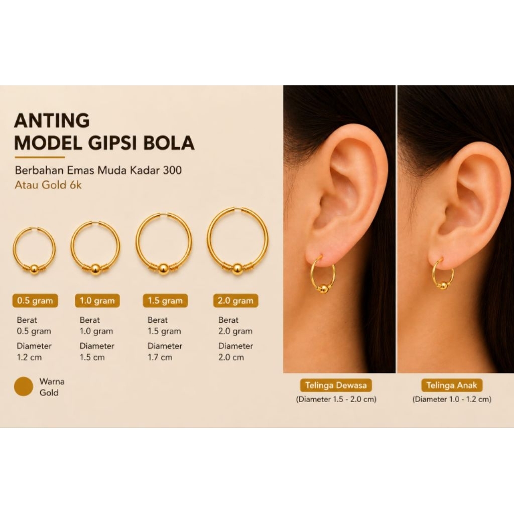 Anting Gipsi Bola Emas Asli Kadar 300 / Anting Ring Bandul Emas Muda Kadar 300 (Terima Jual Kembali)