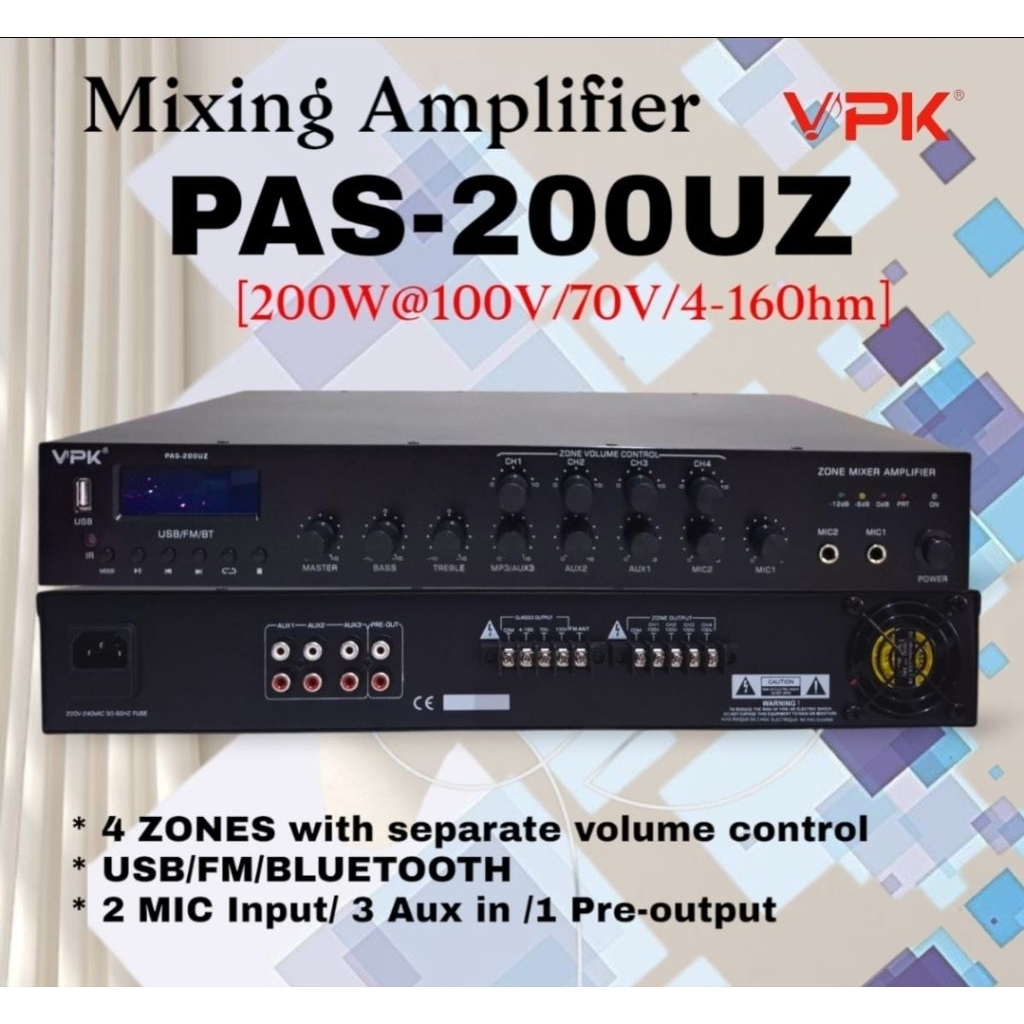 VPK PAS 200UZ | VPK PAS200UZ Amplifier Mixer PA System 200 Watt with 4 Zones Selector