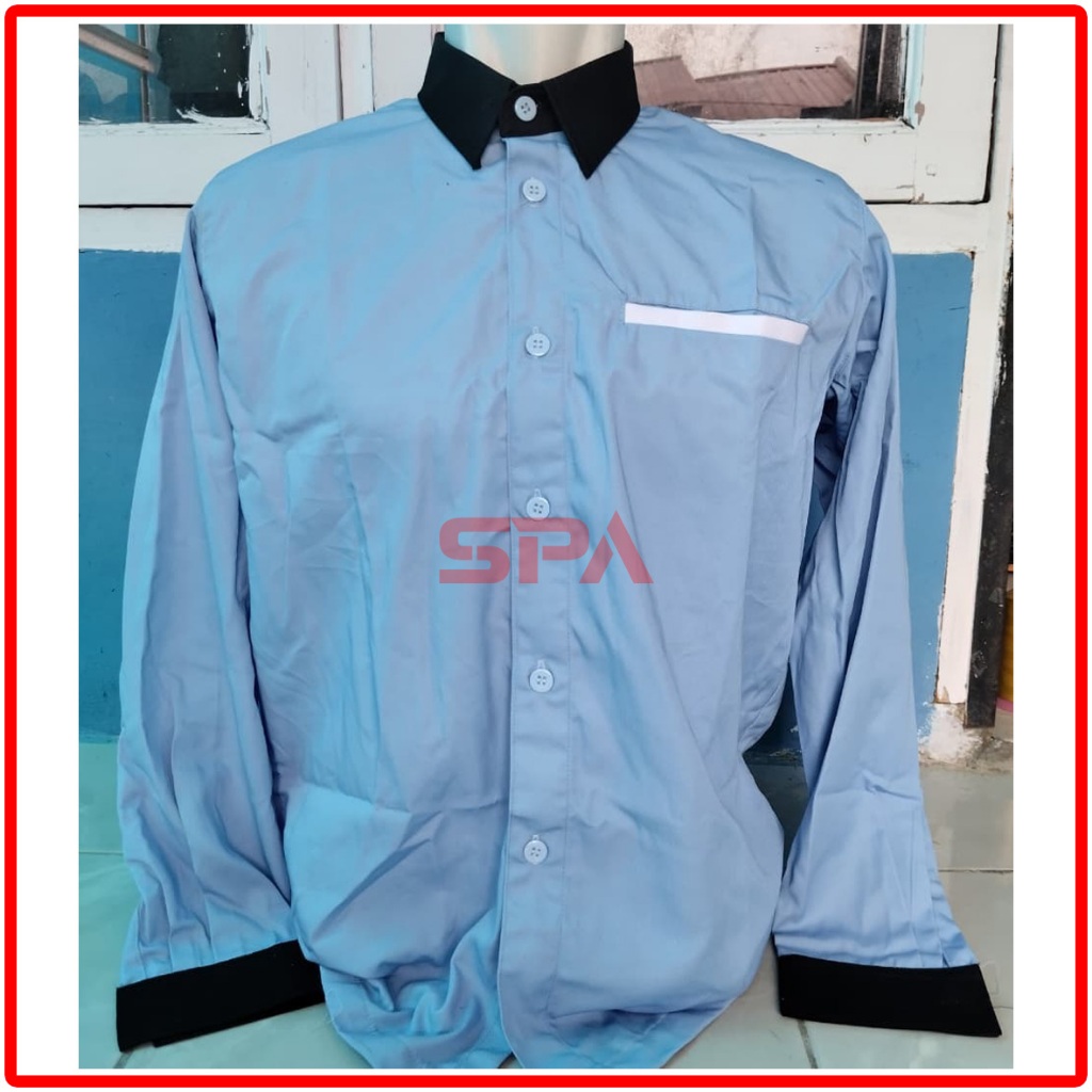 BAJU KEMEJA SERAGAM KERJA PDH POLOS BIRU MUDA LIS HITAM LENGAN PANJANG