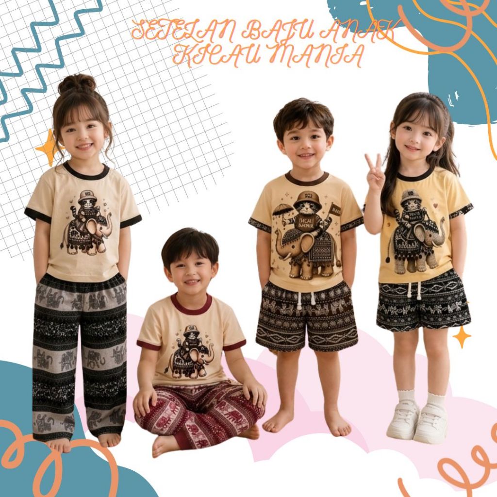 Setelan Batik Anak Kicau Mansa Motif Gajah Kartun Lengan Pendek Pilihan Celana Panjang Pendek