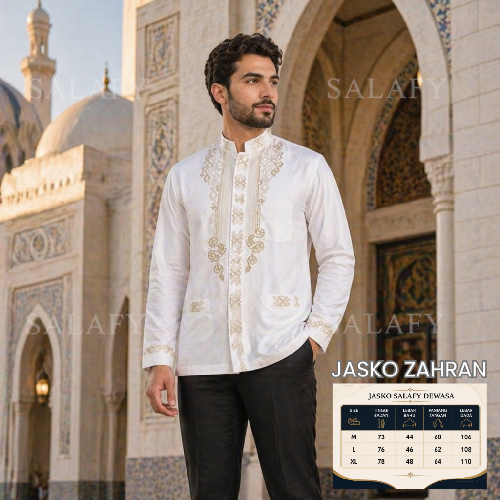 Jas Koko Bordir Zahran Pria Premium Katun Twill Full Puring Jasko Lengan Panjang Putih Tulang