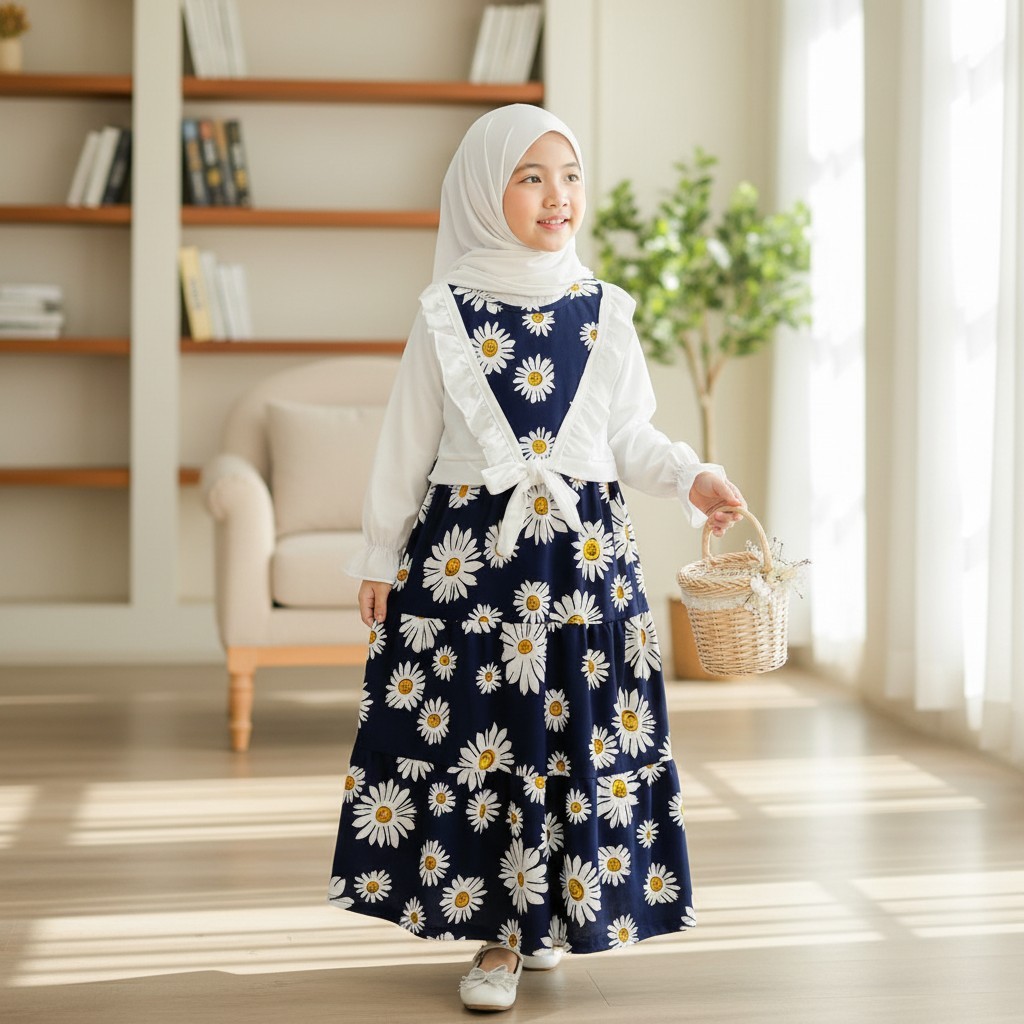 DRESS BUNGA GAMIS ROMPI PUTIH ANAK PEREMPUAN GL FASHION