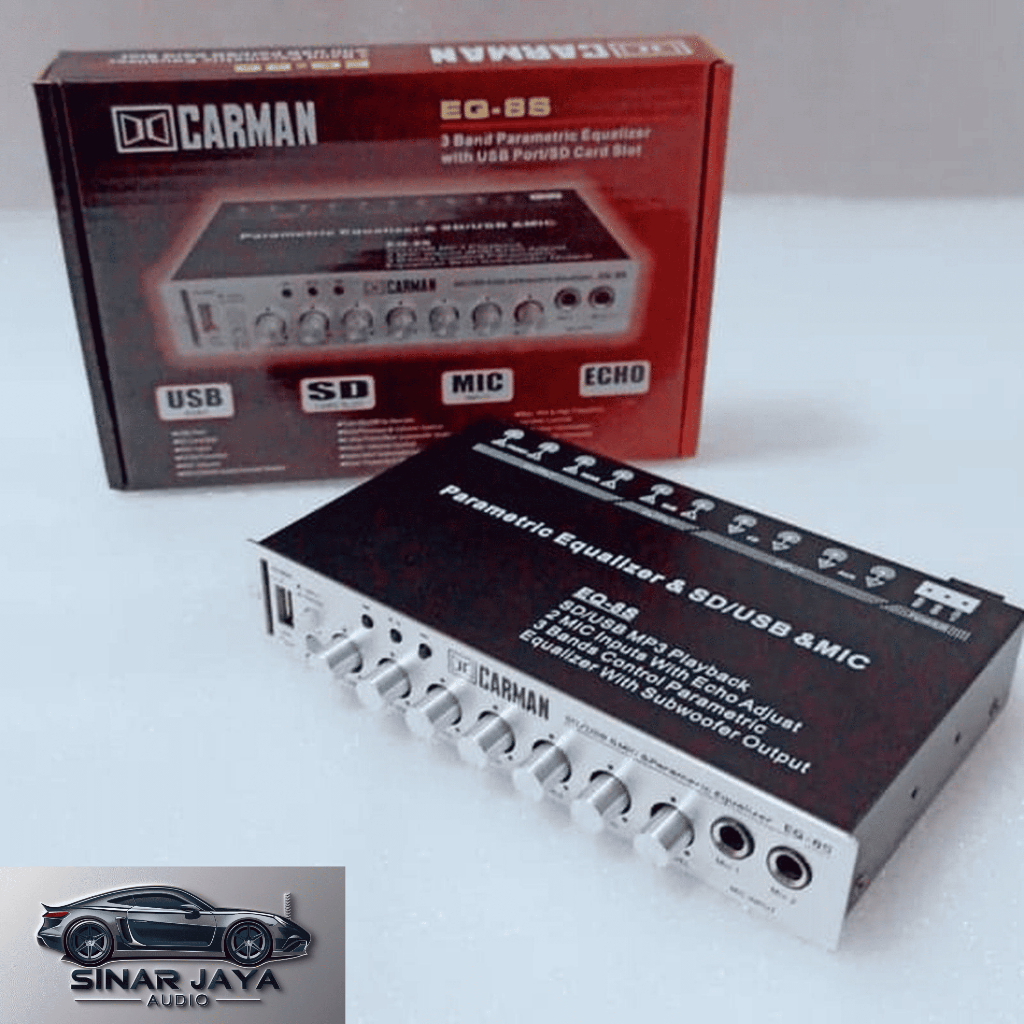 Carman EQ-8S Parametric Equalizer 3 Band – Pre-Amp Audio Mobil dengan USB & SD Card, Mic Input + Ech