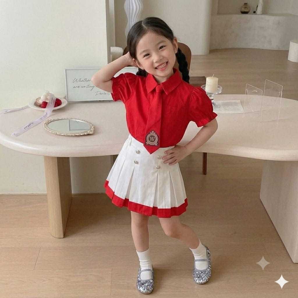 Set Anak Merah Putih | Kemeja Lengan Pendek Strip & Dasi | Ti Oneset | 1-5 Tahun
