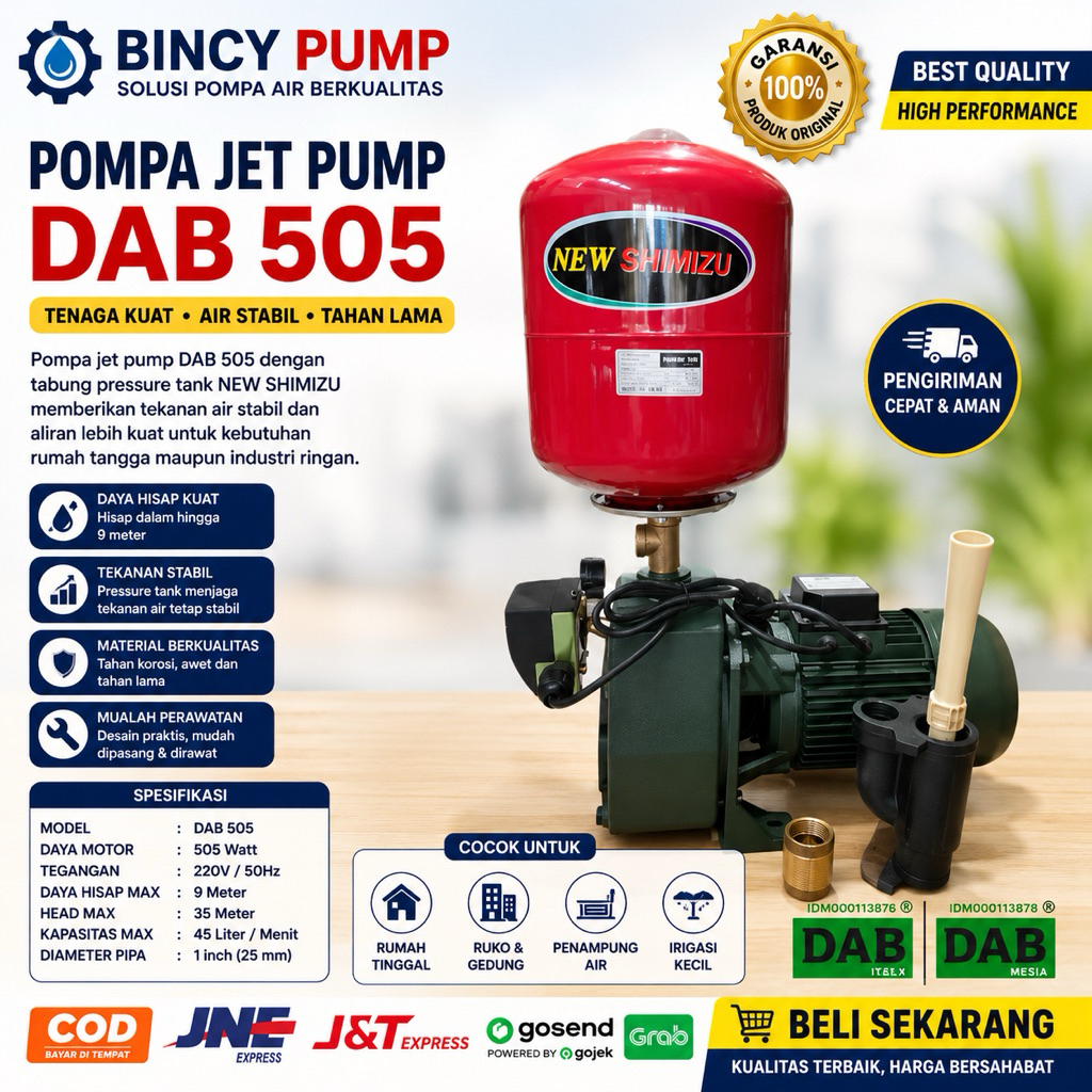 JET PUMP DAB 505 DAB INDONESIA ORIGINAL + TABUNG SHIMIZU