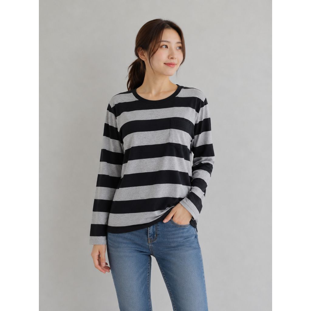 GU BY UNIQLO LONG SLEEVE STRIPED CREW NECK TSHIRT BLACK &GREY L