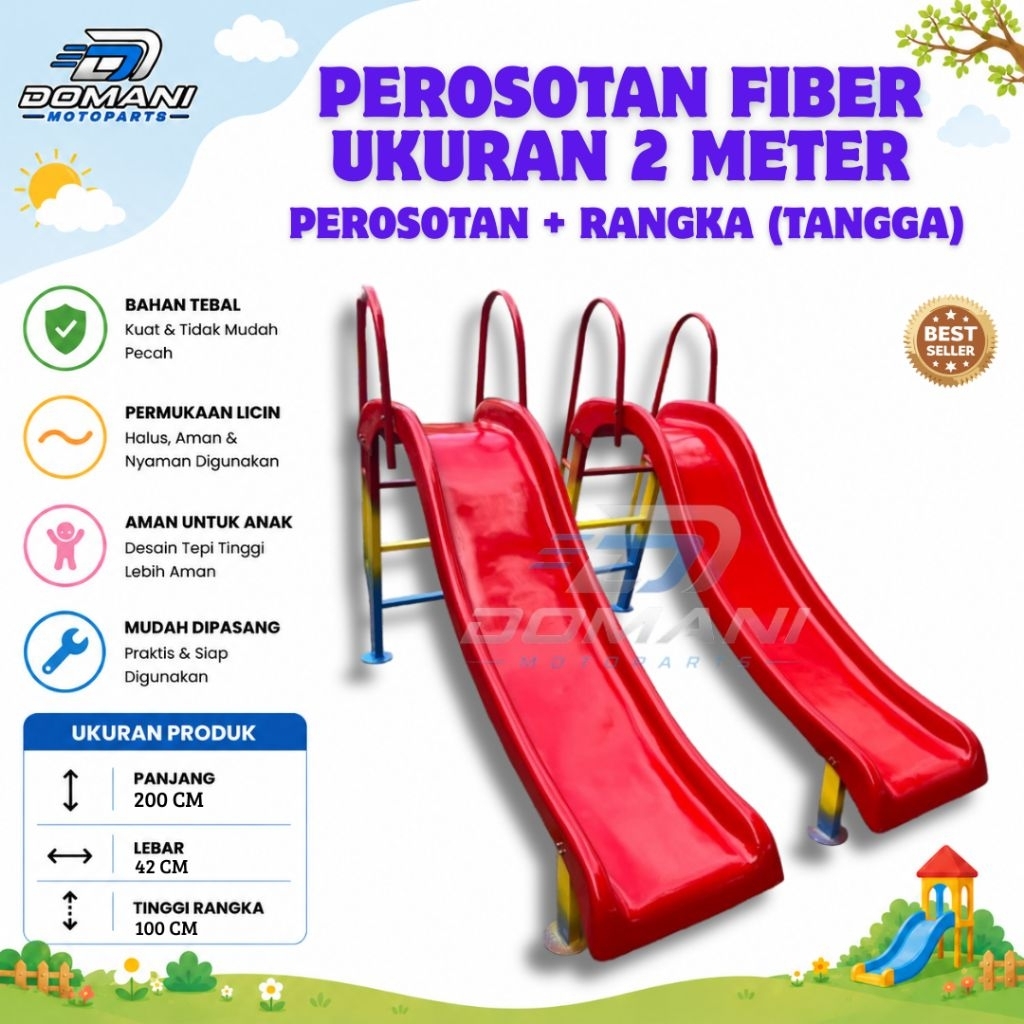 Perosotan Anak Fiber 2 Meter + Rangka | Perosotan TK PAUD Playground Indoor Outdoor Perosotan Taman 