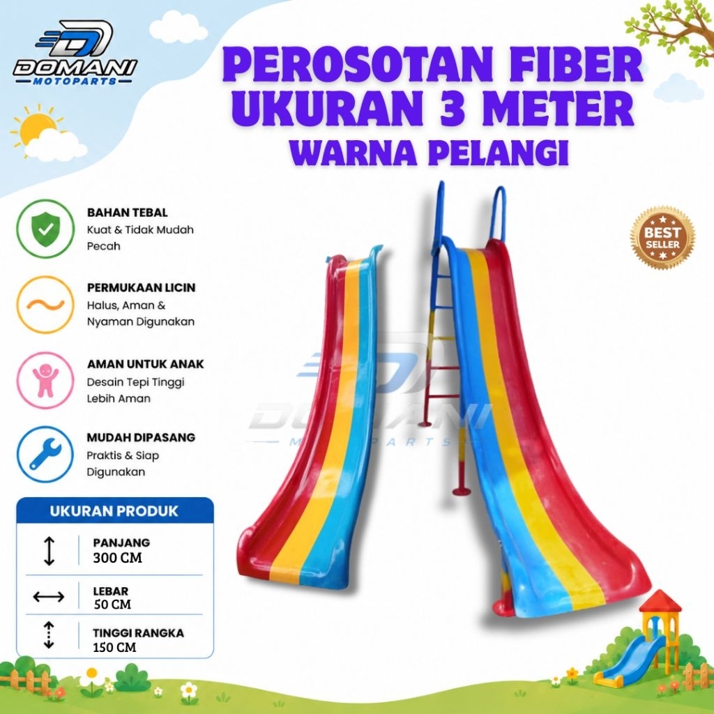 Perosotan Taman Bermain Perosotan Anak Fiber Warna Pelangi 3 Meter + Rangka | Perosotan TK PAUD Pero