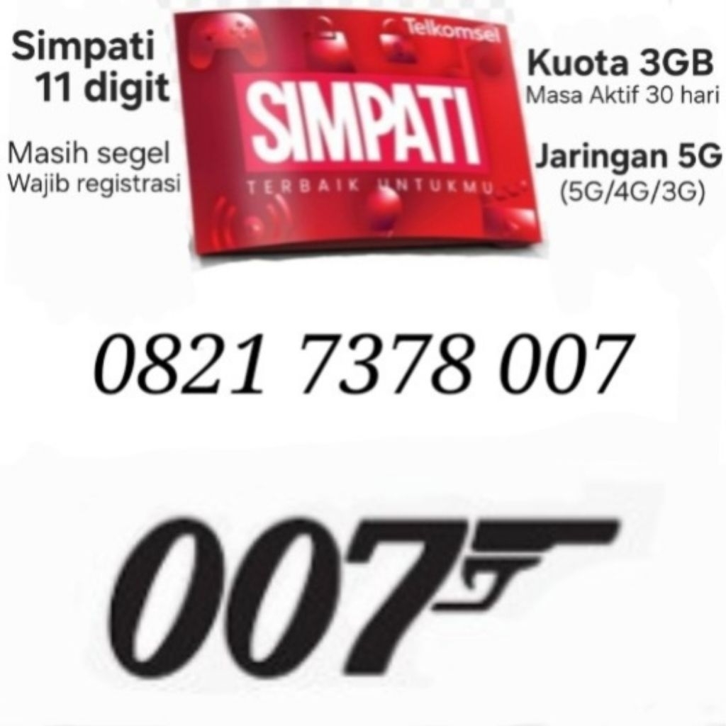 Nomor Cantik Simpati Telkomsel 007 James Bond 5G Kartu Perdana 10 11 12 Digit Nomer Angka
