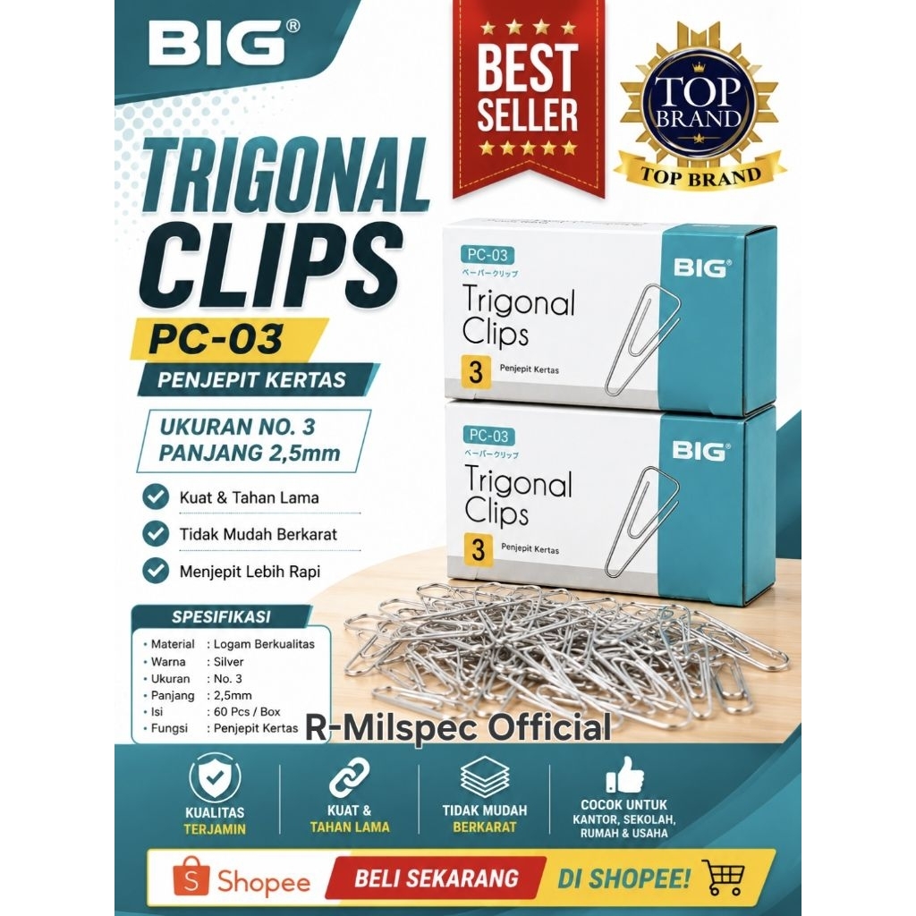 TRIGONAL CLIP BIG PC-03 2,5mm/ Penjepit Kertas segitiga (1 Pack isi -/+ 60 Pcs)