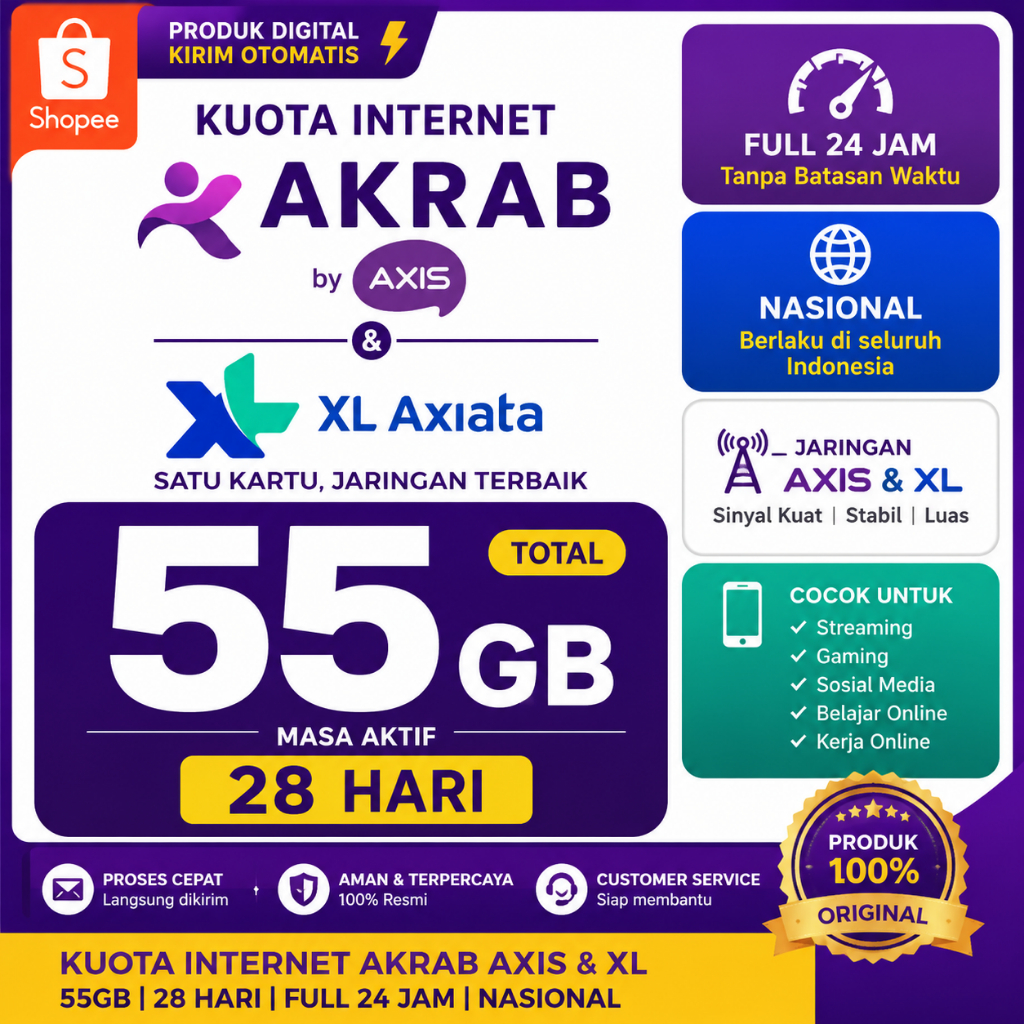 Kuota Internet Akrab XL AXIS 55GB 28 Hari Full 24 Jam Nasional | Data Bersama Resmi | Aktif Cepat