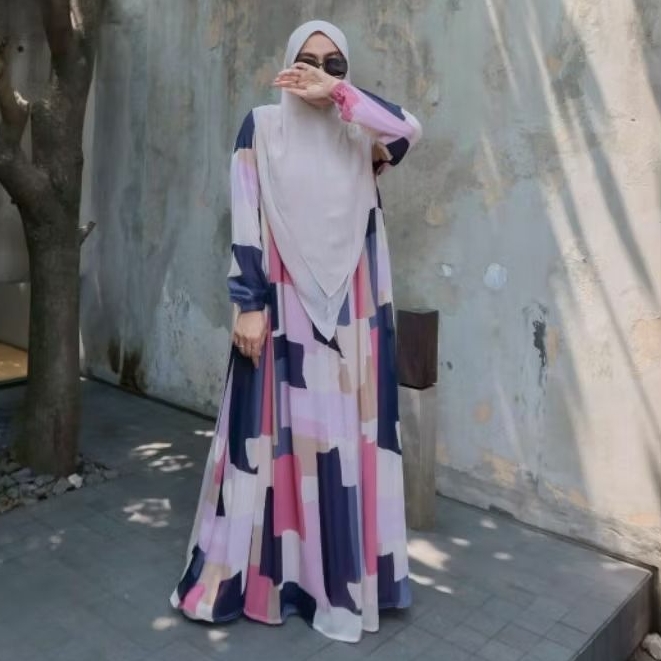GAMIS PINGKISH ABSTRACT BY ZAFEETRI (GAMIS SAJA) // GAMIS SYARI CERUTTY MOTIF ABSTRAK