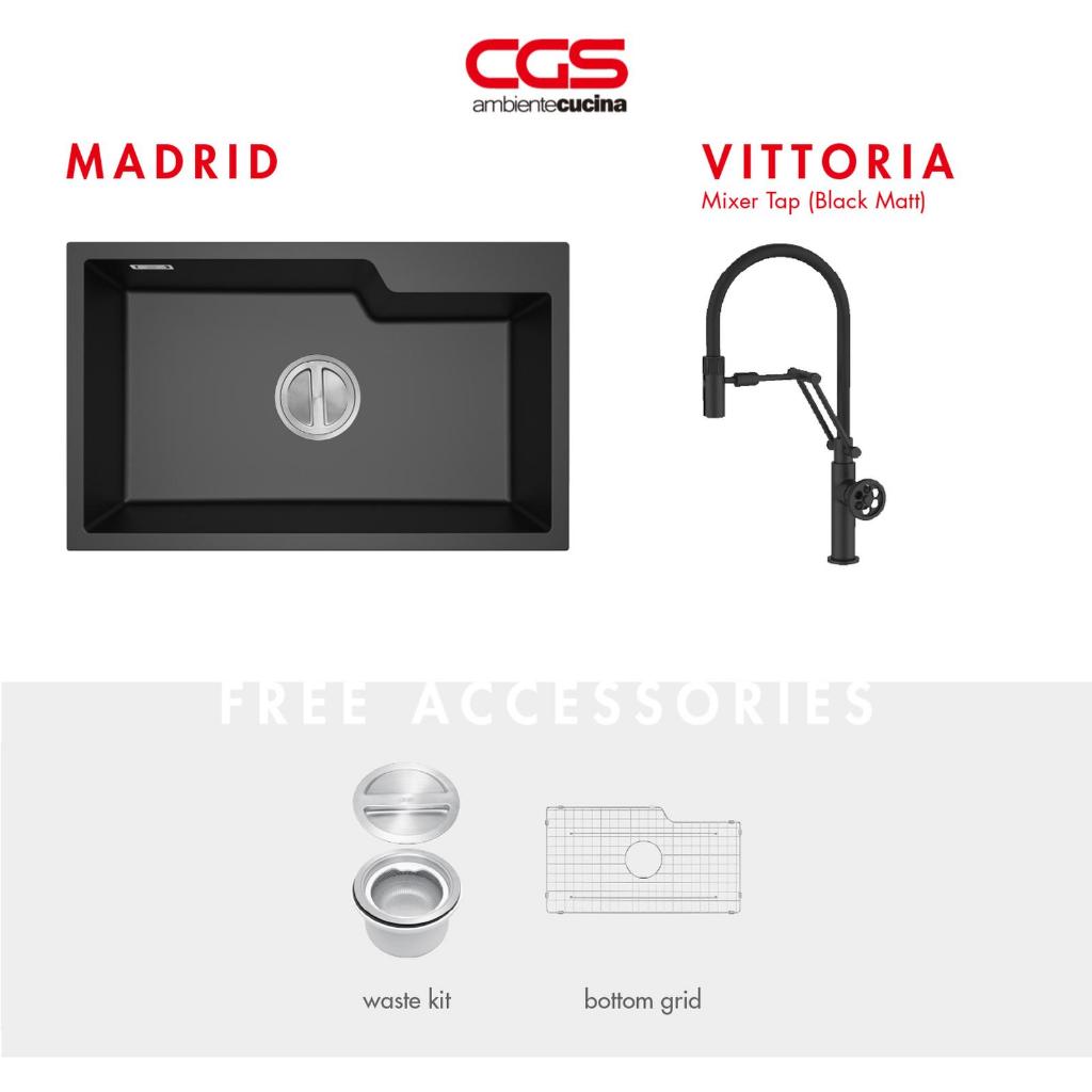 Kitchen Sink Bak Cuci Piring Dapur Granit 1 Lubang CGS MADRID Rockgranite Sink + CGS VITTORIA - Pake