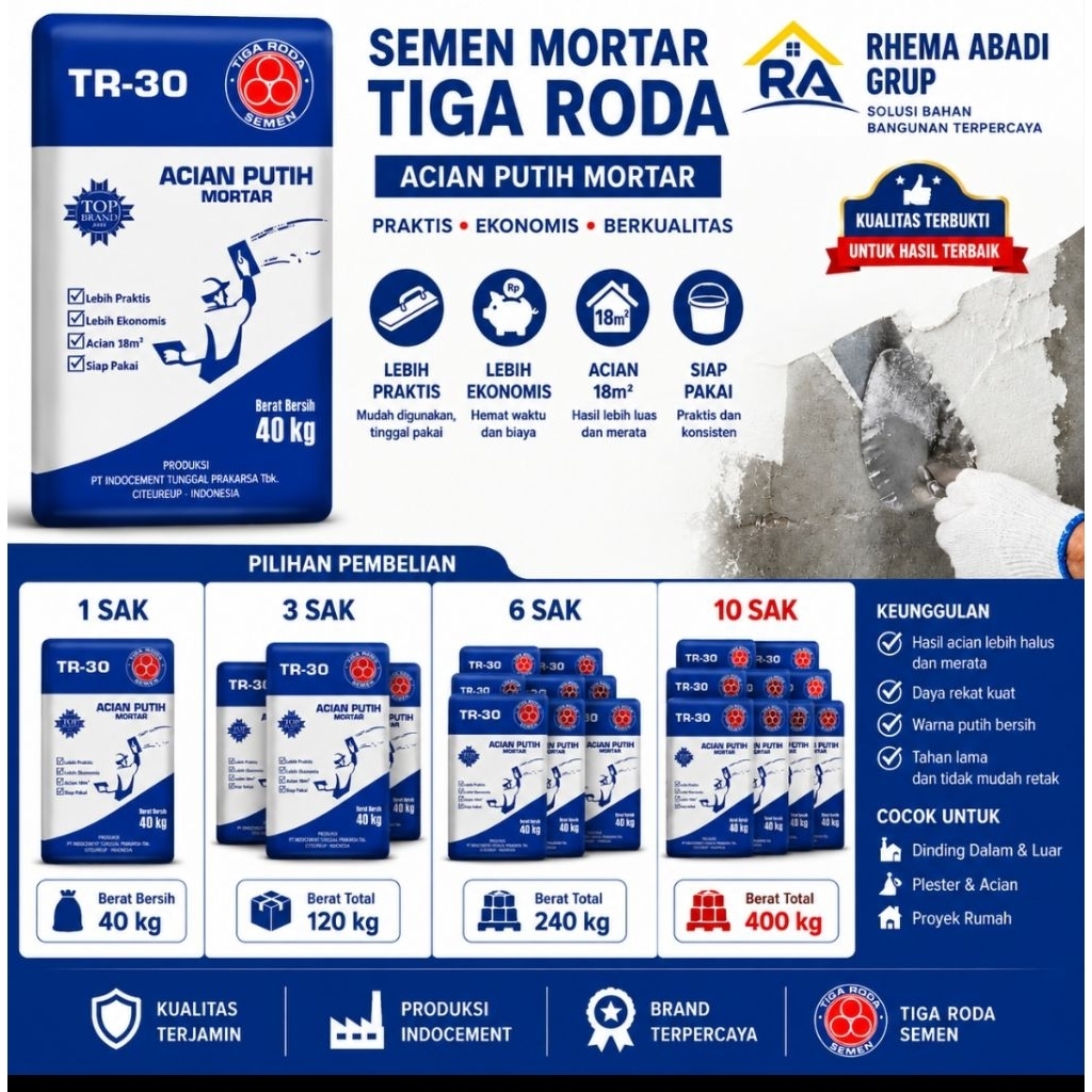 Semen Mortar Tiga Roda TR-30 Acian Putih 1 Sak (40 Kg) Siap Pakai Pembelian 3, 6 dan 10 sak