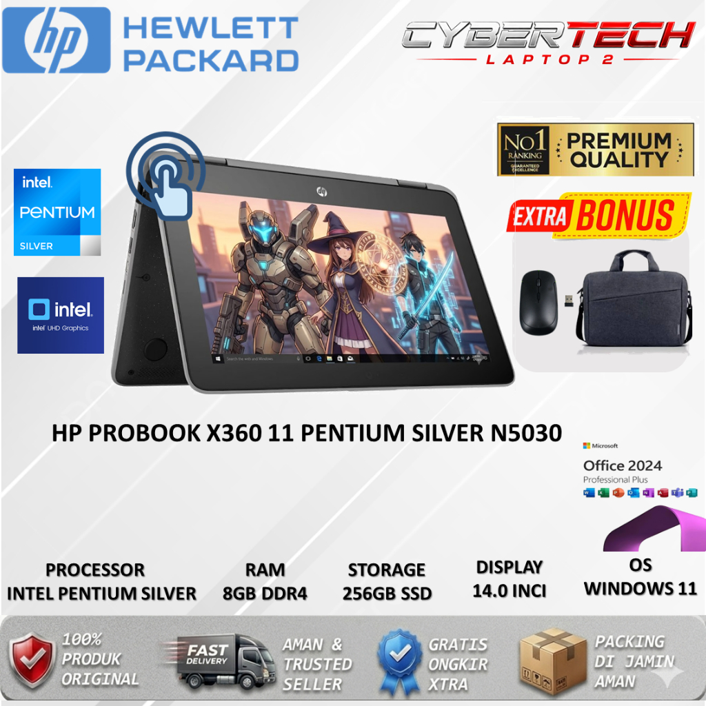 Promo Laptop Hp Probook X360 PENTIUM SILVER N5030 Ram 8GB Ssd 256GB Touchscreen 11 Inch Win 11 Pro
