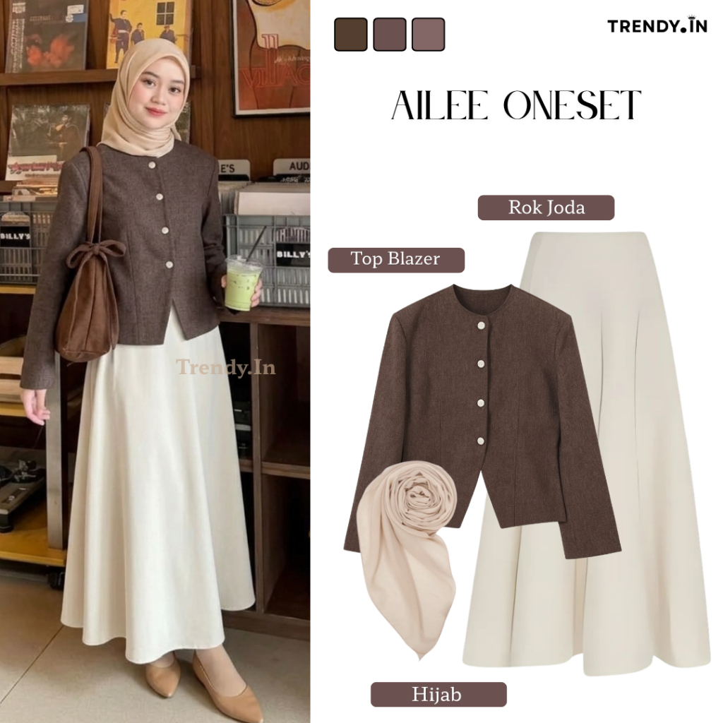 Ailee Oneset 3in 1 Blazer Choco, Rok Joda Ivory, Hijab Bella Square | Setelan Blazer Rok Panjang Wan