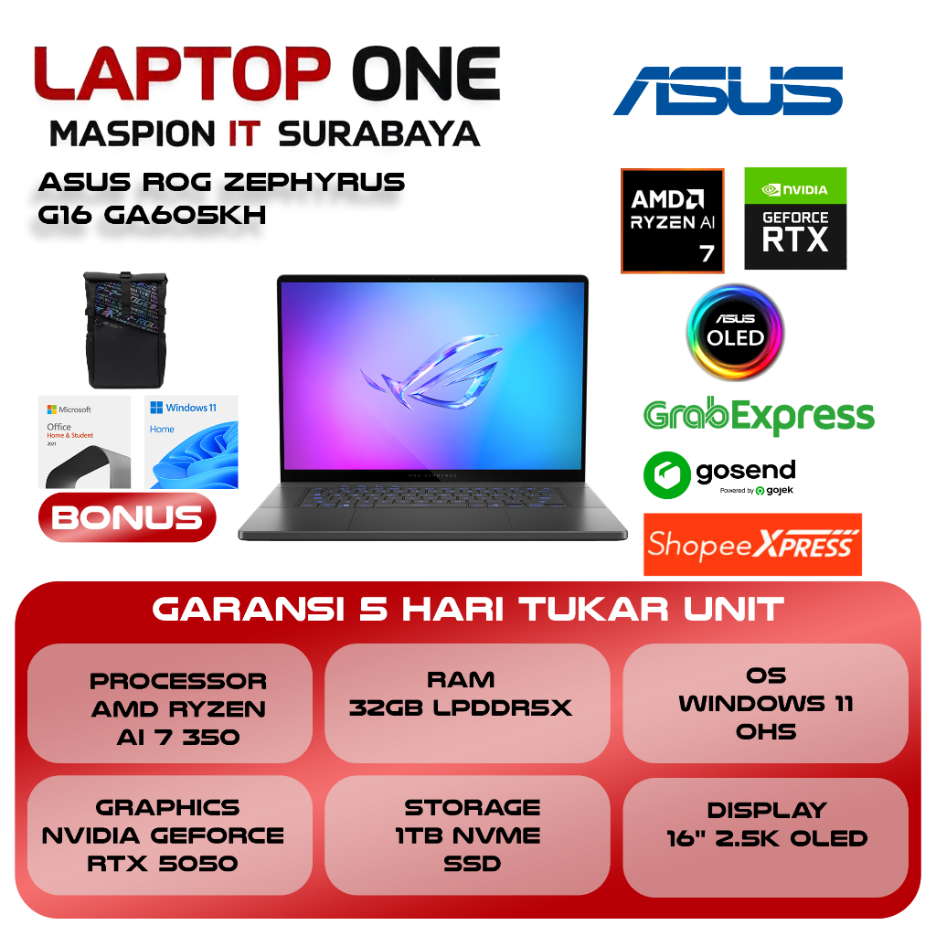 ASUS ROG ZEPHYRUS G16 OLED GA605KH RYZEN AI 7 350 RTX5050 8GB/ 32GB 1TB W11+OHS+M365B 16.0 NEBULA OL