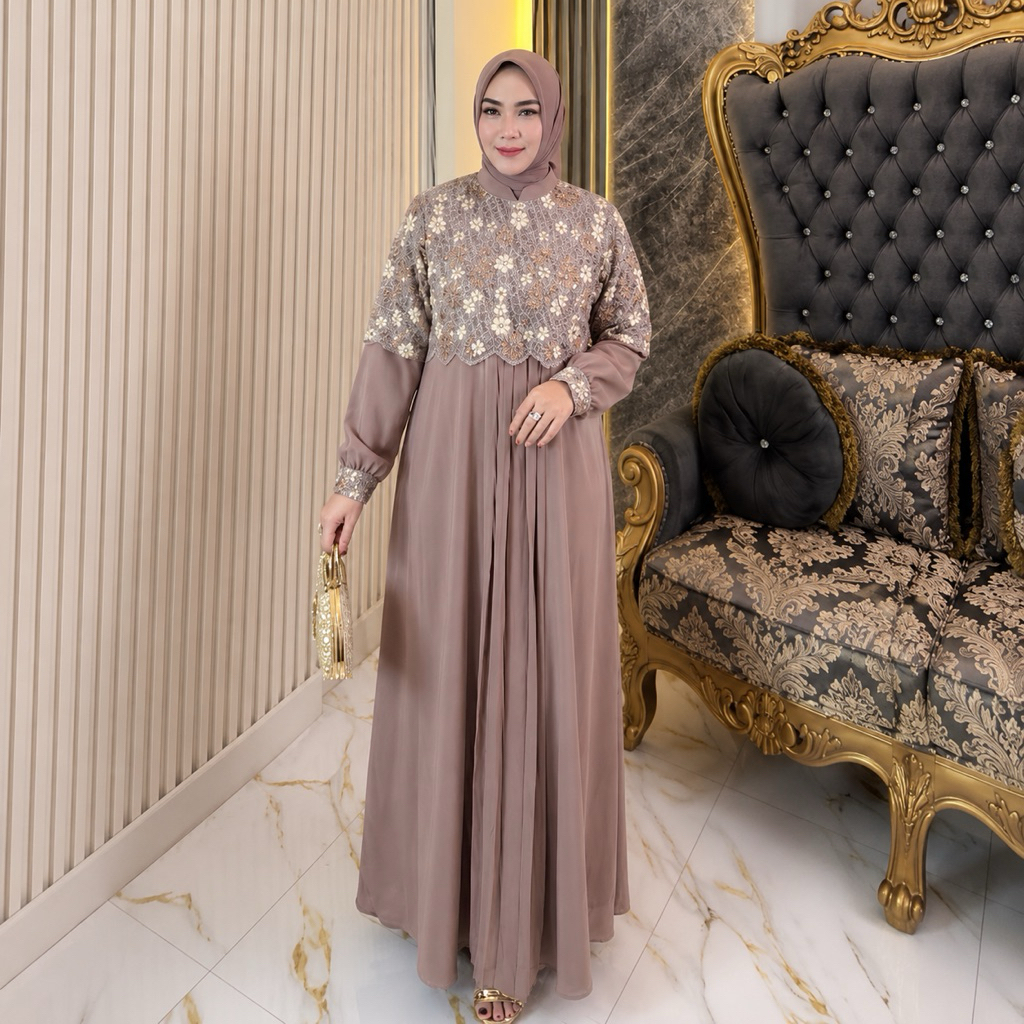 Virgo - Nima Series Dress/Gamis Bahan Marbela Kombinasi Tulle Mewah