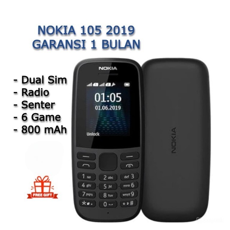 PROMO! HP NOKIA 105 2019 BARU GARANSI 1 BULAN DUAL SIM RADIO SENTER GAME 800mAh
