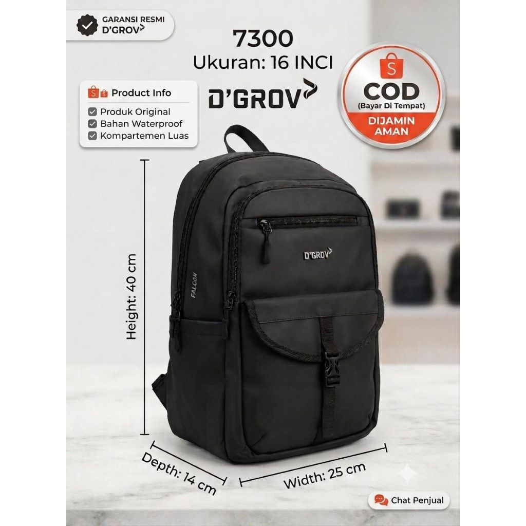 Tas Ransel Ukuran 16 inci D'GROV -Tas Sekolah  Kerja  Pria Wanita Waterproof