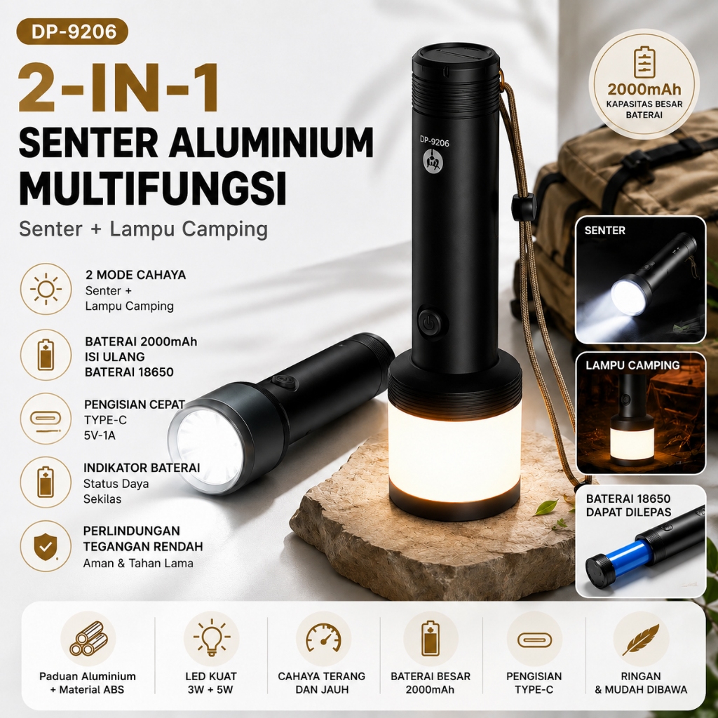DP-9206 Senter LED Rechargeable 2 in 1 Lampu Camping Type C 2000mAh 18650 Senter Aluminium Outdoor L