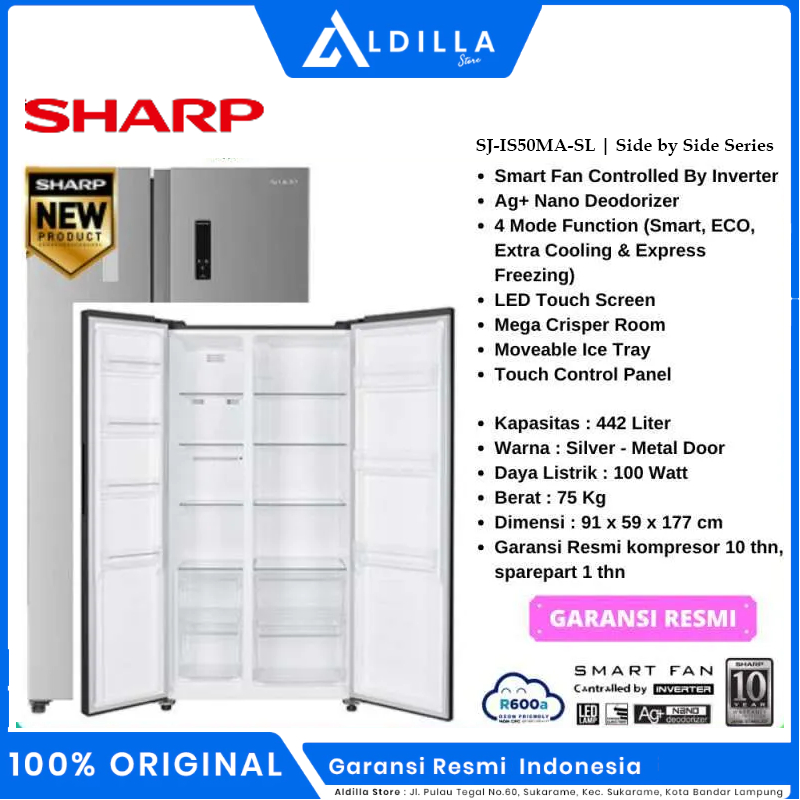 Sharp Kulkas Side By Side 2 Pintu SJ IS50M-SL / SJIS50MSL sj-is50 MSL