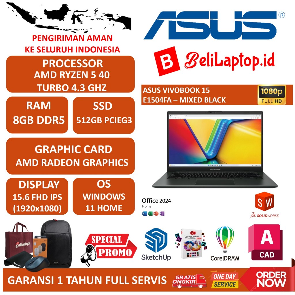 ASUS VIVOBOOK 15 E1504FA AMD RYZEN 5 40 8GB DDR5 512GB FHD IPS WINDOWS 11 OFFICE 365 MIXED BLACK