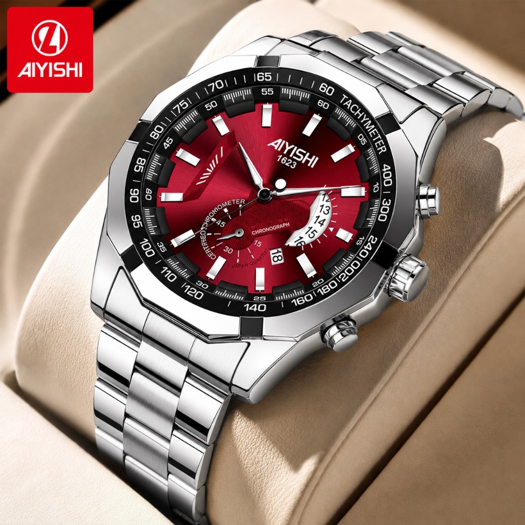 COD Jam Tangan Pria AIYISHI 1623 Original Chronograph Sport Mewah Stainless Steel Dial Merah Tahan A