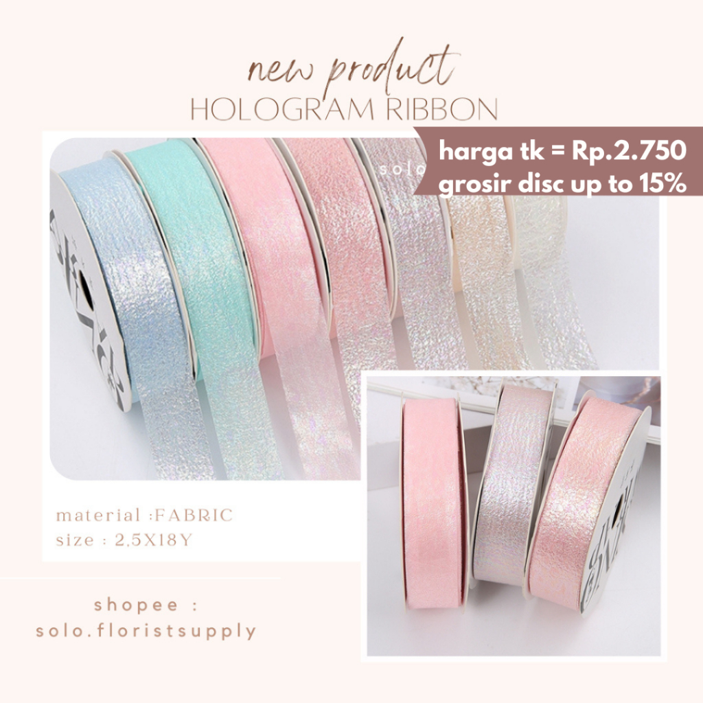 ECER HOLOGRAM RIBBON KOREAN RIBBON MOTIF GARIS UJUNG PITA PREMIUM  LEBAR 2.6CM PREMIUM PITA KADO GIF