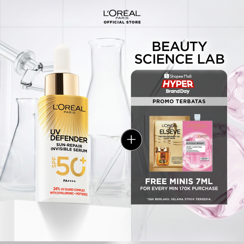 L'Oreal Paris UV Serum Sunscreen SPF 50+ PA++++ - UV Defender Sun-Repair Invisible Serum 2-in-1 Skin