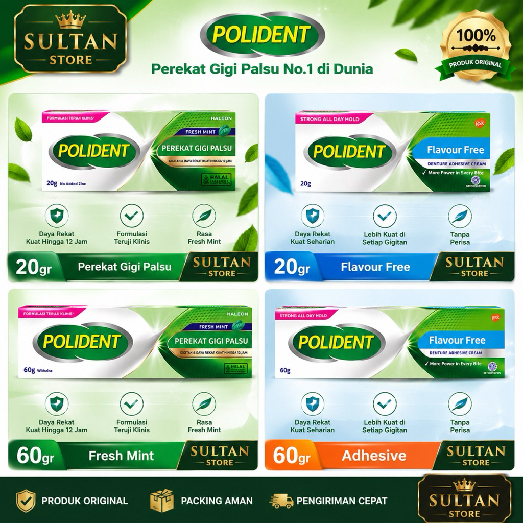 Polident Perekat Gigi Tiruan 20 gr/Polident Lem Gigi Palsu/Polident Flavour Free/Polident Freshmint/
