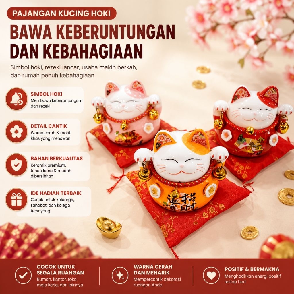 KD88 NEKO | Patung Maneki Neko Keramik | Patung Kucing Rezeki Bantal Merah | Hiasan Kucing Dekorasi