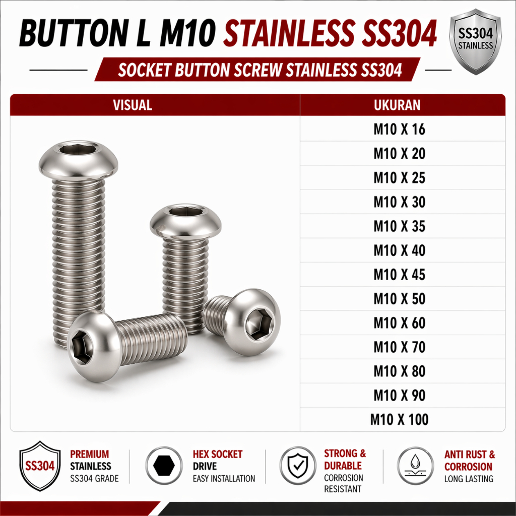 Button L M10X120 / Baut L Button 10X120 / M10 X 120 / 10 X 120 - Socket Button Screw Stainless SS304