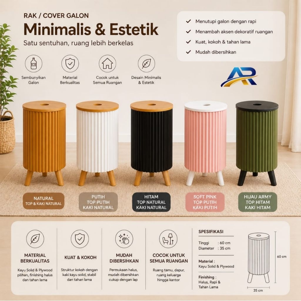 Dispenser Cover Galon Kayu Minimalis Bulat Motif Slat – Rak Galon Estetik Scandinavian + Kaki Kayu