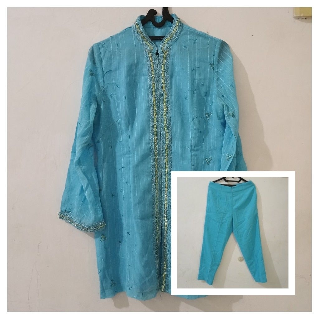 set atasan tunik celana payet bordir biru prelvd