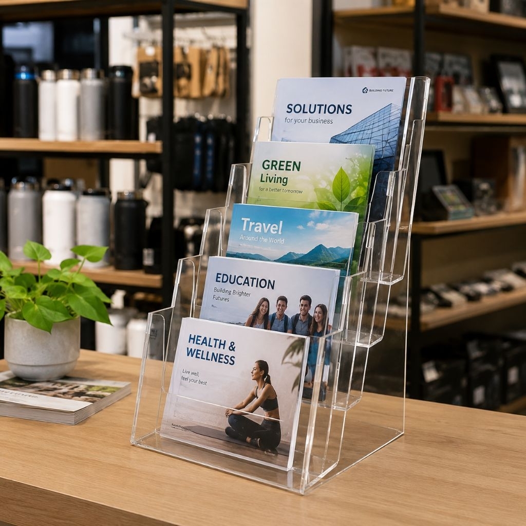 Akrilik Brosur A4 5 Susun Transparan | Display Profesional untuk Brosur & Leaflet