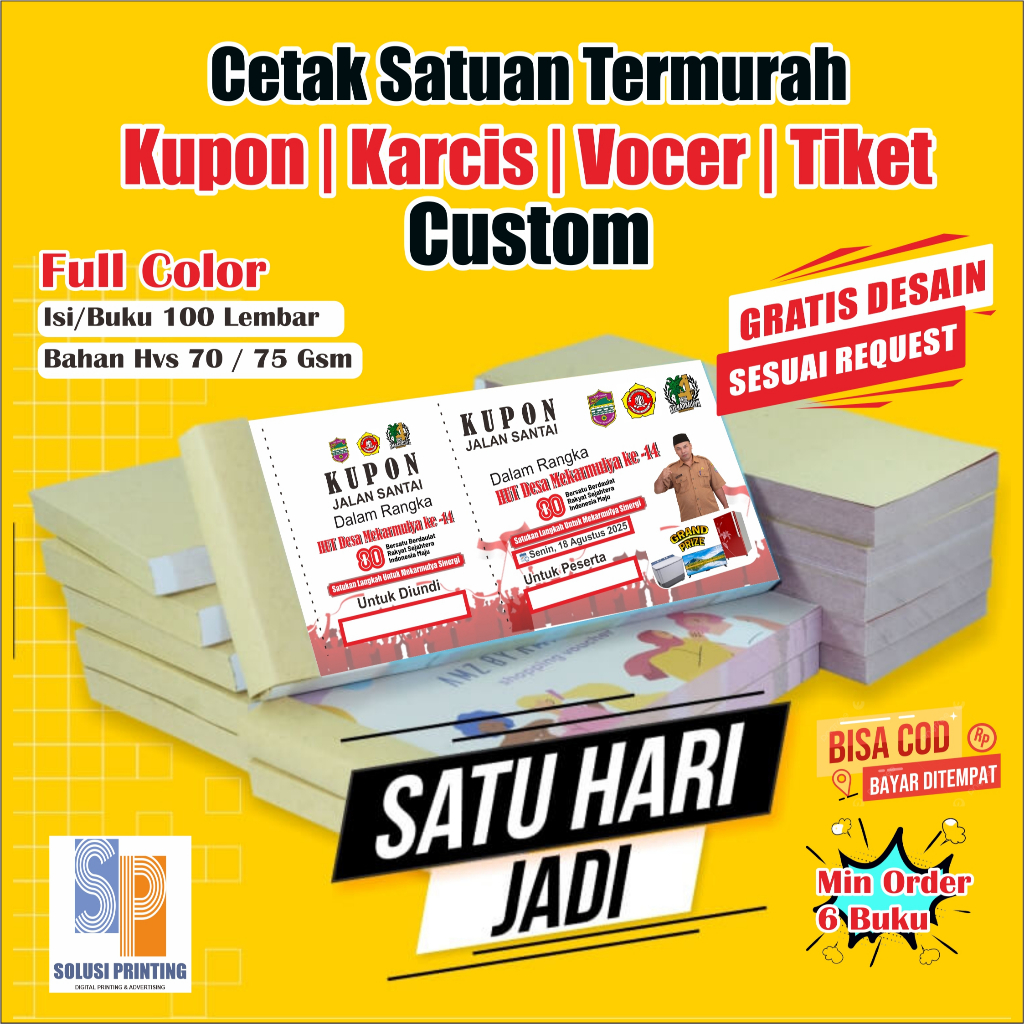CETAK KUPON KARCIS TIKET CUSTOM SATUAN untuk undian parkir hadiah doorprize jalan sehat jalan santai