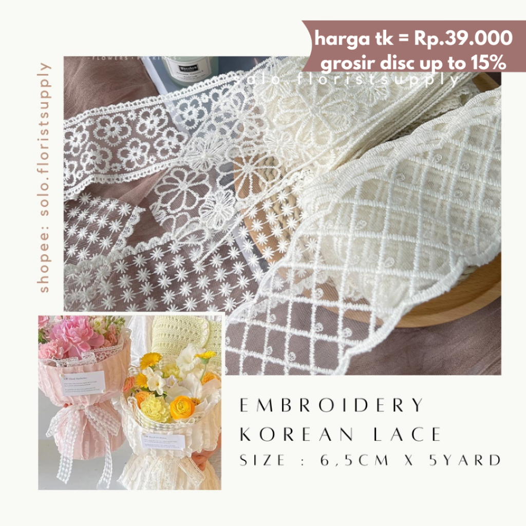 5YARD X6,8CM EMBROIDERY KOREAN LACE RENDA TIMBUL Renda giper/gyper/bordir/renda 0.5 meteran, lebar 3