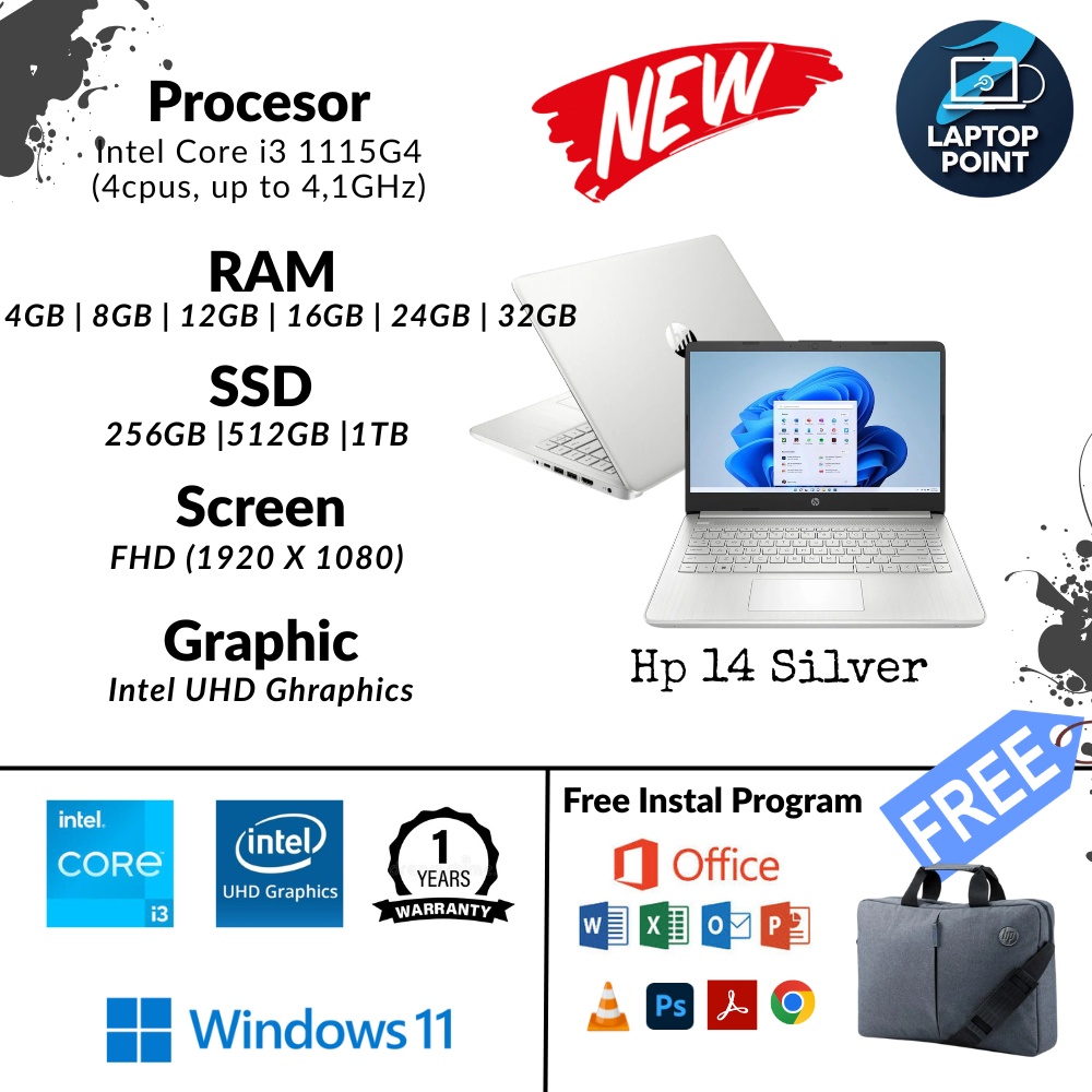 Laptop HP 14 Intel core i3 1115G4 | Intel core i3 1125G4 (Gen 11) RAM 32GB SSD 1TB