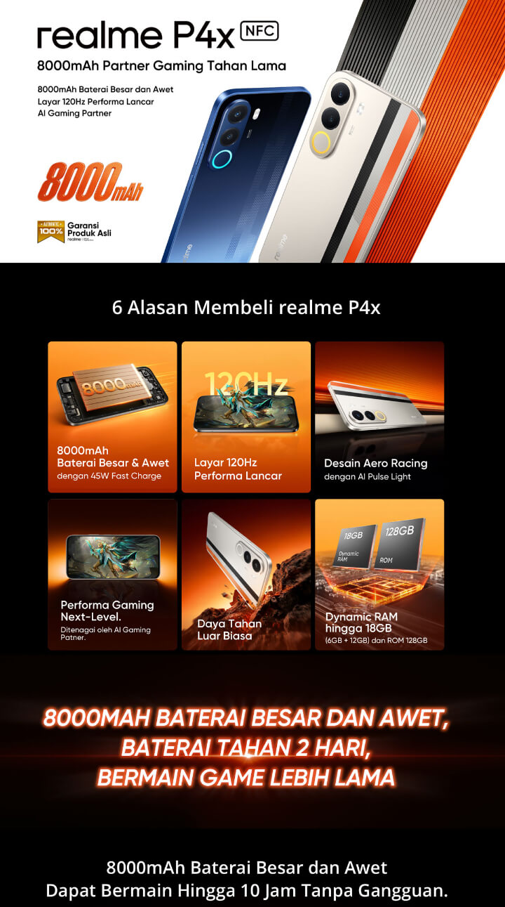 realme P4x 4GB+8GB*|128GB (8000mAh Baterai Besar dan Awet | Layar 120Hz Performa Lancar | AI Gaming Partner | Performa Lancar 48 Bulan)