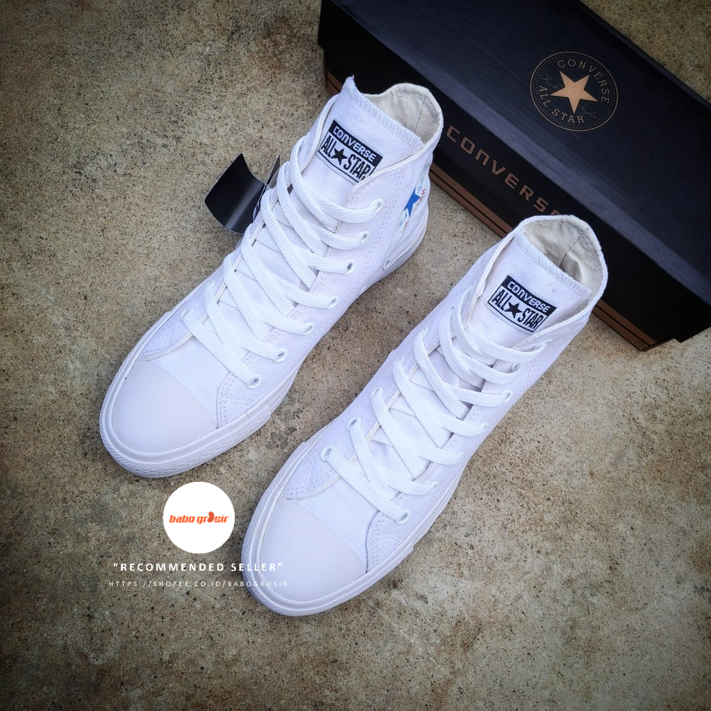 PROMO Sepatu Converse Chuck Taylor High Classic Full White, Upper Kanvas, Tapak Rubber, Premium Import Quality Tag Made in Vietnam