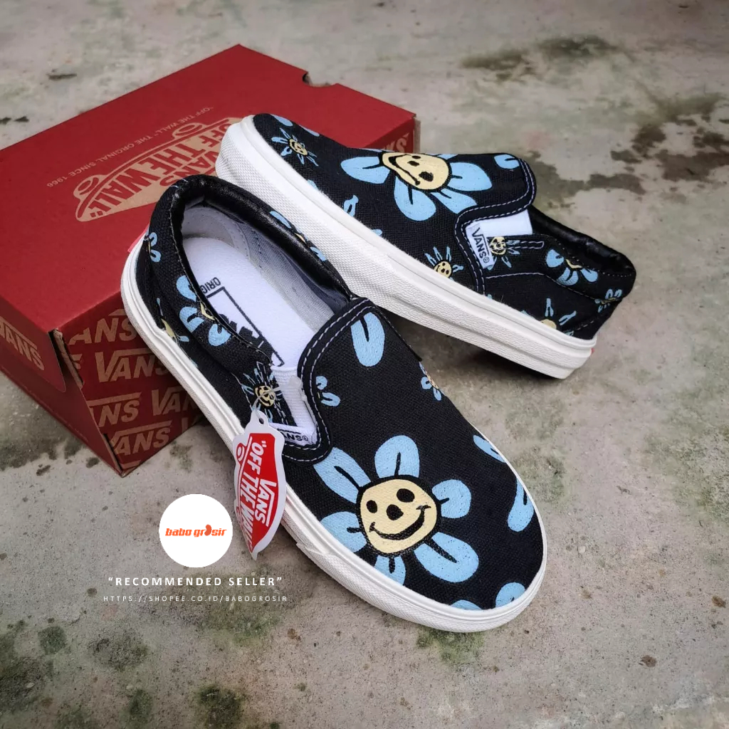 PROMO BEST QUALITY Sepatu Anak Vans Slip On KIDS Trippy Grin Floral Black Yellow, Tapak Gum Outsole Anti Slip, Tag Made in China, Import Premium