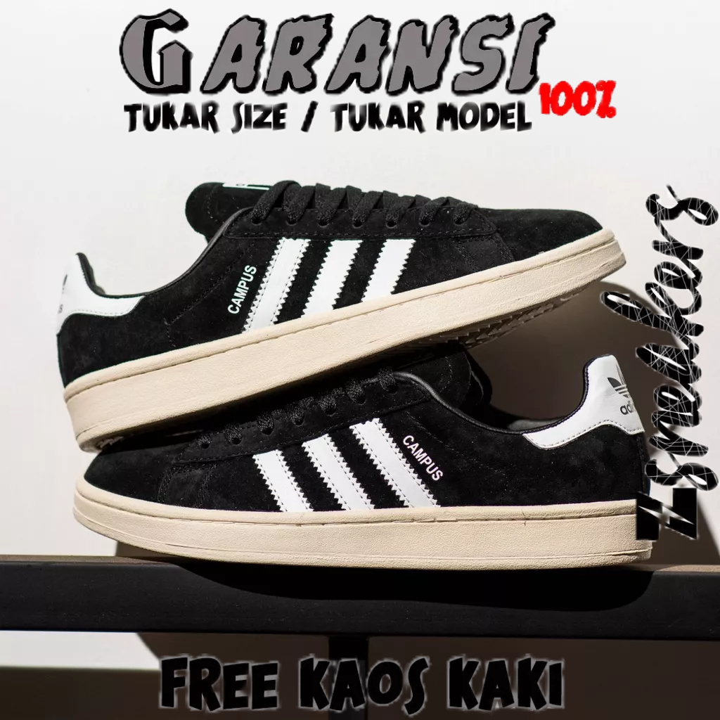ADIDAS CAMPUS BLACK WHITE┃ORIGINAL 100%┃ ADIDAS CAMPUS┃SEPATU PUTIH┃SEPATU PRIA┃SEPATU ADIDAS CAMPUS