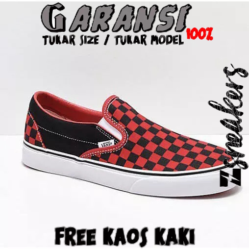 Vans Slip On Black & Formula Red Checkerboard┃ORIGINAL 100%┃SEPATU Slip On ┃SEPATU PUTIH┃SEPATU PRIA