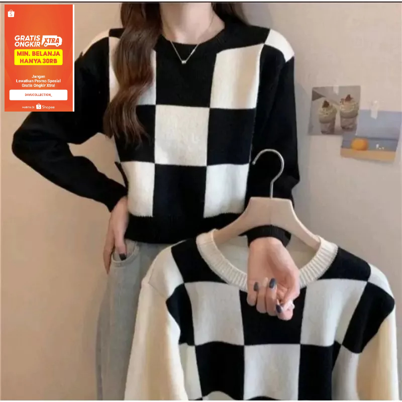 DC_NEW!!! Croptop Rajut Lengan panjang/Atasan wanita Korea sweater-YIKOO/Kotak-kotak sweater rajut murah model terbaru/medium Crop top Korean style