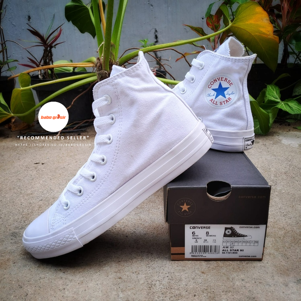 PROMO Sepatu Converse Chuck Taylor High Classic Full White, Upper Kanvas, Tapak Rubber, Premium Import Quality Tag Made in Vietnam