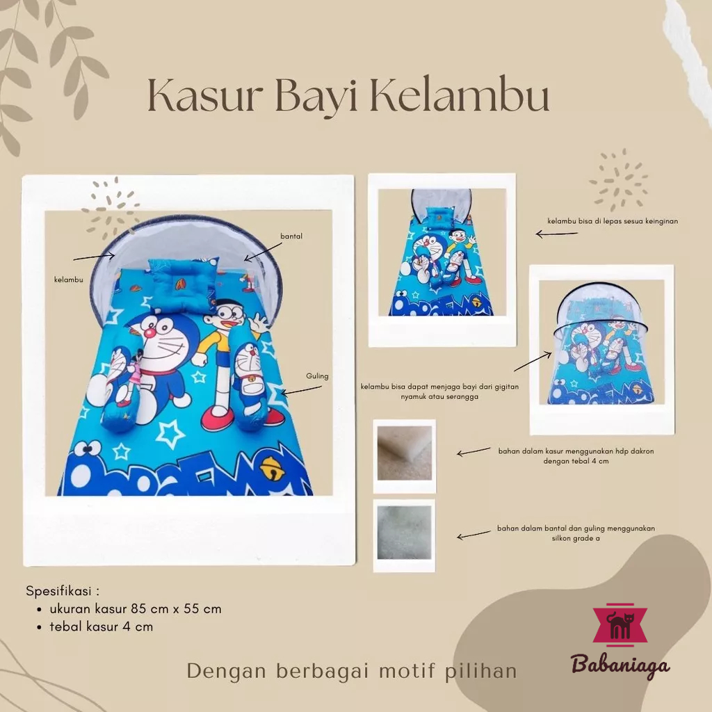 kasur bayi set kelambu satu set bantal guling motif doraemon