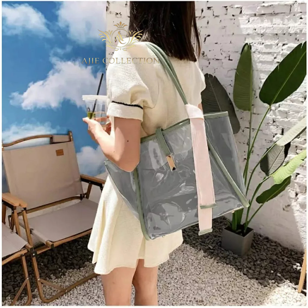 ToteBag Wanita Florida Mika PVC / / Fashion Wanita Korea / Tas Bahu WanitaTransfaran Kombi / Fashion Bag Wanita Free Pouch ( Tanpa Twily/pita )